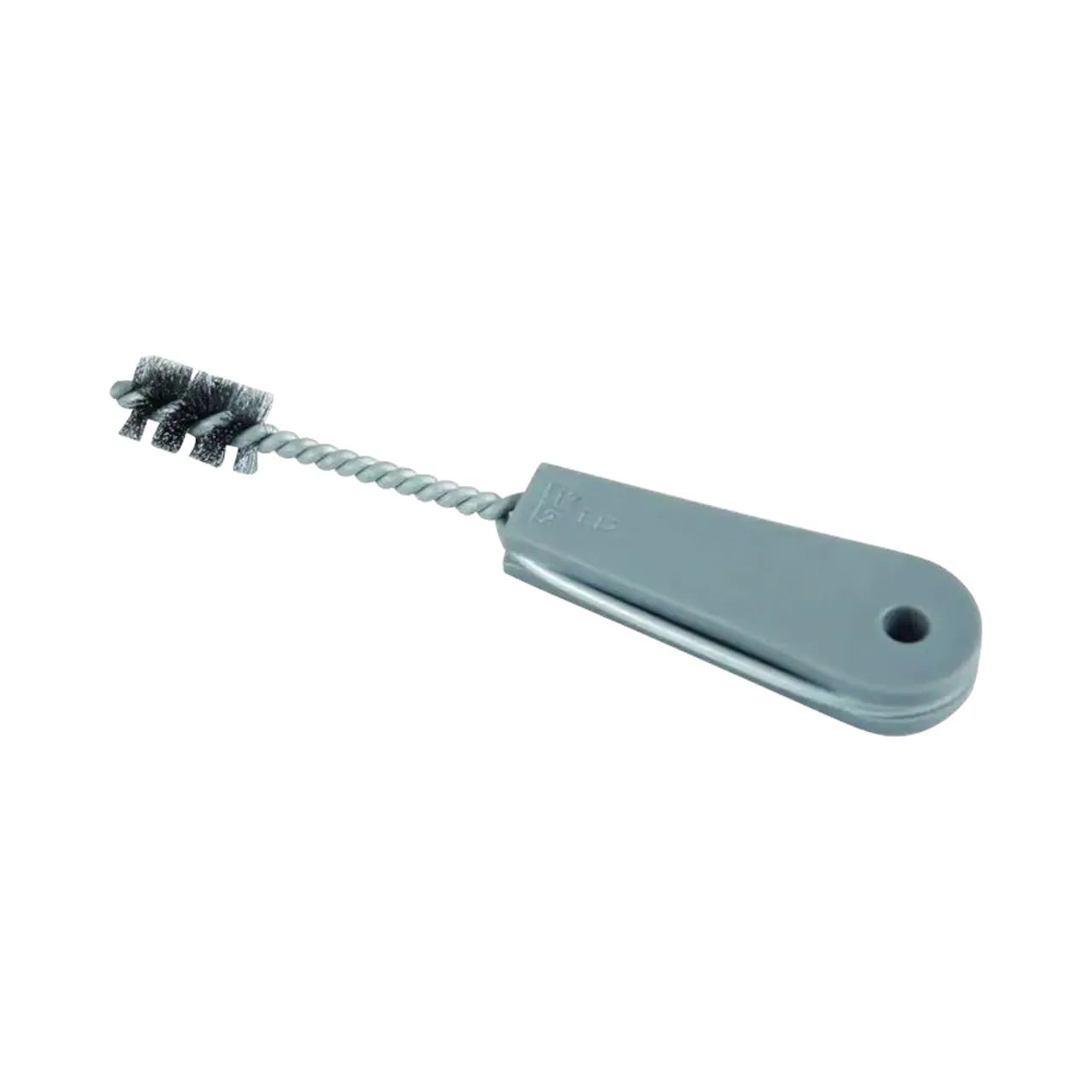 The Go Build 1/2 in. Heavy-Duty Fitting Brush features high-carbon steel bristles, a twisted wire handle, and a gray plastic grip with a hole for easy storage.